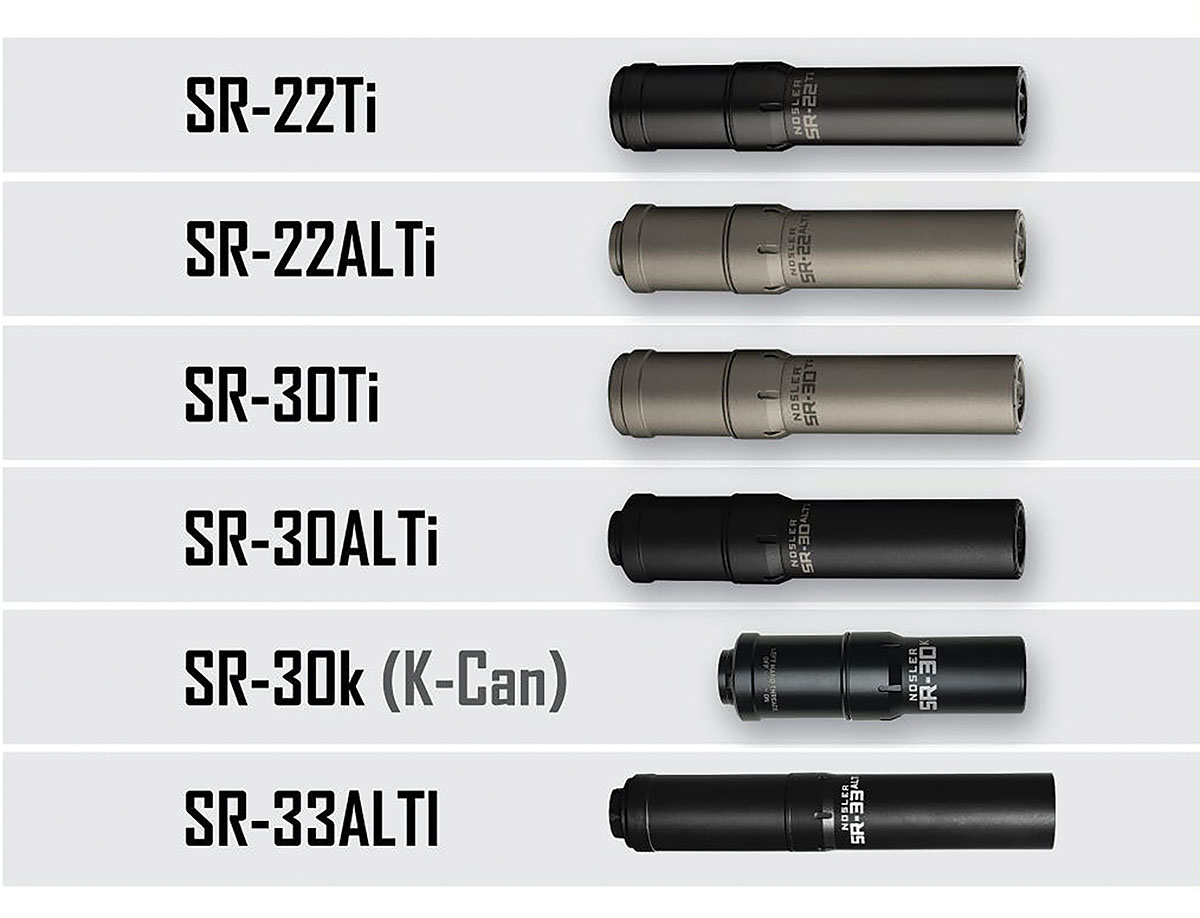 Nosler offers suppressors in several calibers and more than one type of construction material. Shown here with 5.56/223-specific models of all-titanium and hybrid, titanium/aluminum construction are 30-caliber versions designed for use on rifles ranging from 17 Remington to 30-378 Weatherby Magnum. The SR-33ALTi can be used on rifles chambered for cartridges ranging from 17 Remington to 338 Lapua Magnum.